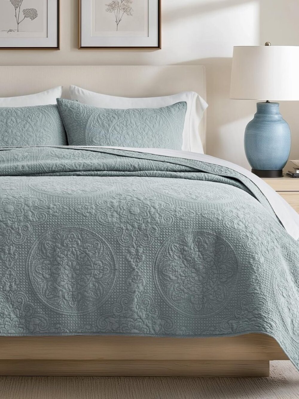 100% Cotton Medallion Stitch Quilt Set, Queen Size, Blue Linen